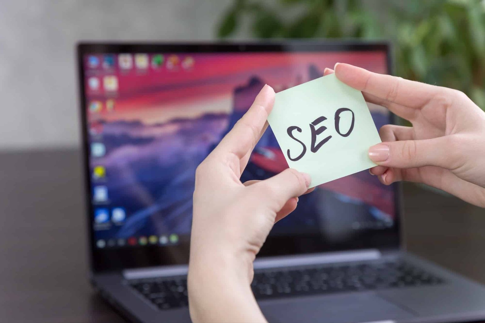 sticker with the inscription SEO in female hands on the background of a laptop sticker with the inscription SEO in female hands on the background of a laptop