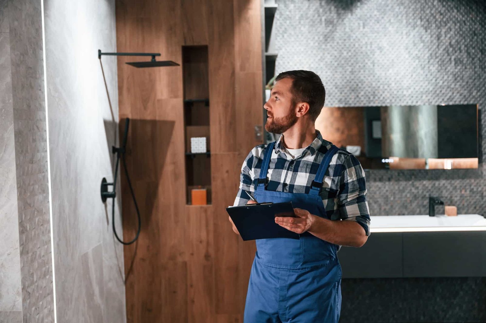 Writes down information in a notebook. Plumber in blue uniform is at work in the bathroom Writes down information in a notebook. Plumber in blue uniform is at work in the bathroom