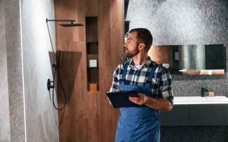 Writes down information in a notebook. Plumber in blue uniform is at work in the bathroom